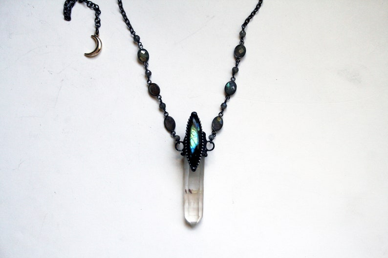 Quartz Point with Rainbow Labradorite Marquis Necklace Clear Crystal Blue Gold Labradorite Statement Layering Necklace Talisman