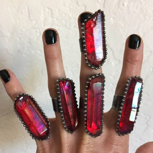 Large Red Aura Quartz Crystal Point Ring // Crimson Crystal Statement Size 5 6 7 8 Adjustable Ring // Witch Wicca Boho Goth Talisman Jewelry