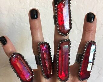 Large Red Aura Quartz Crystal Point Ring // Crimson Crystal Statement Size 5 6 7 8 Adjustable Ring // Witch Wicca Boho Goth Talisman Jewelry