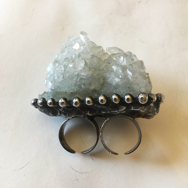 Massive Apophyllite Crystal Cluster Ring // Large Clear White Blue Druzy Spirit Quartz Adjustable Size 5 6 7 8 Ring / Giant Witch Wicca Ring