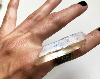 Large Peach Quartz and Pyrite Crystal Ring //  Terminated Crystal Gemstone Adjustable Size 5 6 7 8 Ring // Crystal Talisman Witch Jewelry