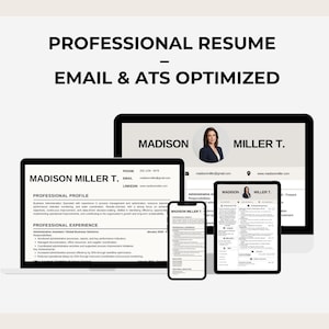 Puede incluir: Una visualización digital de una plantilla de currículum profesional en una computadora portátil, una tableta y un teléfono inteligente. El currículum muestra el nombre Madison Miller T., una foto de perfil y secciones de experiencia en negro.
