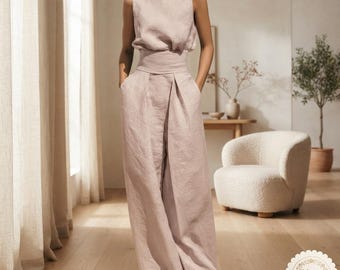 Linen Two Piece Set Women, Sleeveless Top Wide Leg Pants Cotton Casual Loose Solid Suit, Summer Office Ladies Outfit Gift