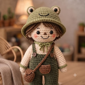 May include: A handmade crochet doll featuring a light beige complexion, brown hair, and rosy cheeks. The doll wears a green frog-themed bucket hat with black eyes, a long-sleeved beige shirt, dark green overalls with brown buttons, and a small brown bag.
