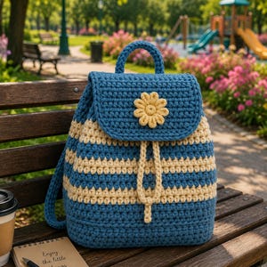 Può includere: Uno zaino all'uncinetto a righe blu e crema con manico superiore, chiusura a patta con coulisse e un fiore all'uncinetto giallo decorativo al centro della patta. Lo zaino è realizzato con una lavorazione a maglia testurizzata.