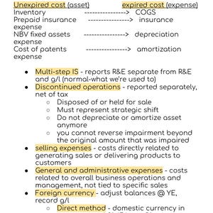 May include: A digital study guide titled FAR 1: Financial Accounting. The document lists accounting concepts including unexpired costs, COGS, depreciation, and amortization. It outlines multi-step income statements, discontinued operations, selling expenses, foreign currency adjustments, and other comprehensive income.