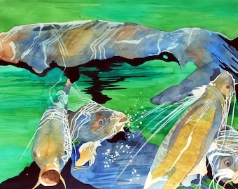 New.......Art Original Watercolor Painting Hawaiian KOI POND