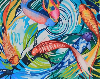 NEW Art Original Watercolor Painting JAPANESE KOI 6