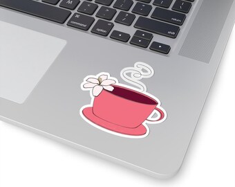 Hibiscus Tea Sticker | Pink Teacup with Flower Sticker | Aesthetic Tea Sticker | Kiss-Cut Sticker