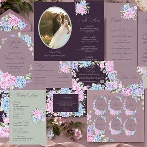 May include: A collection of wedding stationery in shades of purple and mauve, featuring floral illustrations of pink and blue hydrangeas. The set includes invitations, menus, RSVP cards, and seating charts with elegant script and printed text.