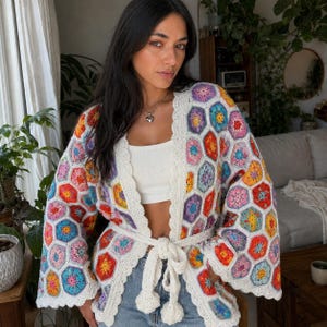 Crochet Hexagon Cardigan Pattern, Floral Granny Motif Jacket PDF, Bell Sleeve Kimono