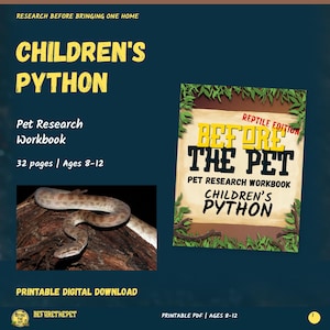 Cuaderno de trabajo de investigación sobre pitones para niños, PDF imprimible de 32 páginas para planificar el cuidado de mascotas.