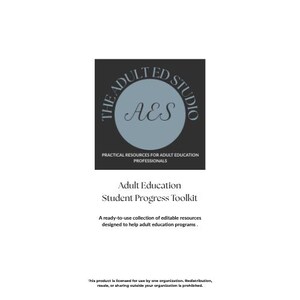 Op de afbeelding: Een vierkant logo met een lichtblauwe cirkel op een donkergrijze achtergrond met de tekst THE ADULT ED STUDIO en AES. Daaronder staat Adult Education Student Progress Toolkit, gevolgd door een beschrijving van bewerkbare bronnen.