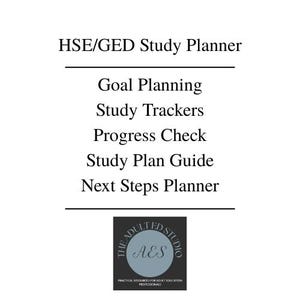 Könnte beinhalten: Ein weißes Dokument mit dem Titel HSE/GED Study Planner und schwarzem Text, der Goal Planning, Study Trackers, Progress Check, Study Plan Guide und Next Steps Planner auflistet. Unten ist das Logo The Adult Ed Studio mit AES.