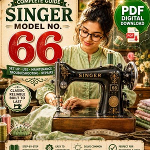 May include: A digital PDF download guide for the Singer Model 66 sewing machine. The cover features the text Complete Guide Singer Model No. 66, Set Up, Use, Maintenance, Troubleshooting, Repairs, and Classic Reliable Built To Last.