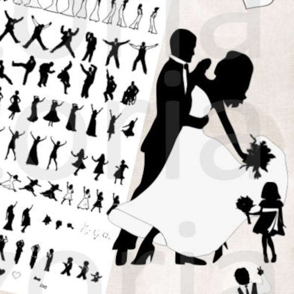 Wedding bridal party silhouettes UNIQUE for invitations programs 125 black modern dancing traditional png clip art couple silhouette lgbt