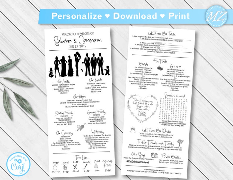 Unique black silhouettes Editable fonts colors Infographic wedding Timeline Printable Corjl digital file 4x9 Wedding Program Template