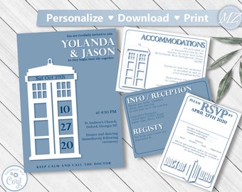 Editable Doctor Who Wedding Invitation Tardis blue Invite, set of 4 Printable Instant Download Template, Dr Who wedding invites