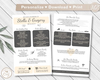 Fun Infographic Wedding Program Template, Any Color Info graphic event ceremony about us Unique Printable Corjl digital file PDF, Jpg or PNG