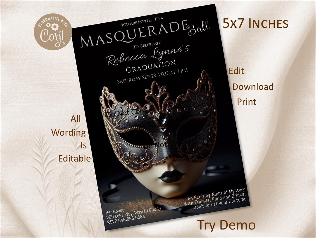 Masquerade Invitation, Birthday Party Mask Invite, Graduation Ball ...