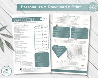 Wedding Program Template, Recolorable - Infographic Fun Games - Custom Instant Download Template