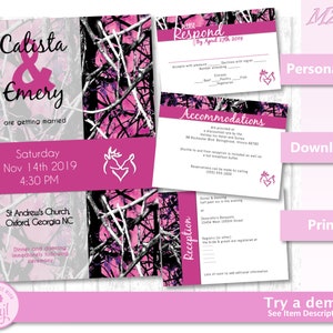 Customizable & Recolorable CAMO Wedding Invite Set - Camo Pink Kissing Deer camo wedding Invitation- Instant Download printable Template