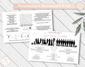 Silhouette Wedding Program Template - Timeline fun facts infographic re sizable black bridal party Silhouettes! Printable Corjl digital file