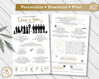 Silhouette Wedding Program Template 5x8" with games, timeline, bridal party, about us, infographic programs black Silhouettes Included!