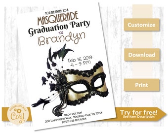 Masquerade Invitation Mask Invite Birthday Graduation Halloween Murder Party Bachelorette Social Gala Corjl Printable Editable Template