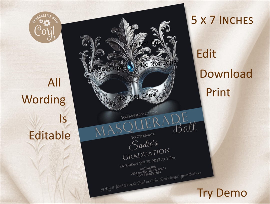 Masquerade Invitation, Birthday Mask Invite, Graduation, Anniversary ...