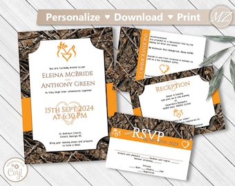CAMO Wedding Invite TEMPLATE - Orange Camouflage Invitation Try Demo, rsvp, accomodations, directions, and invitation with changeable colors