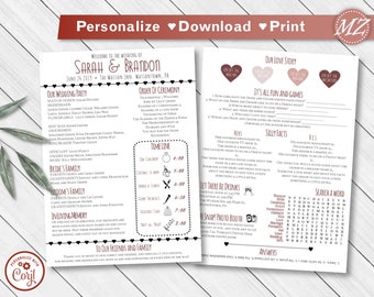 Wedding Program Template, 5x7 Fun Infographic wedding, Custom event timeline, cinnamon wedding, boho style Printable Corjl digital file