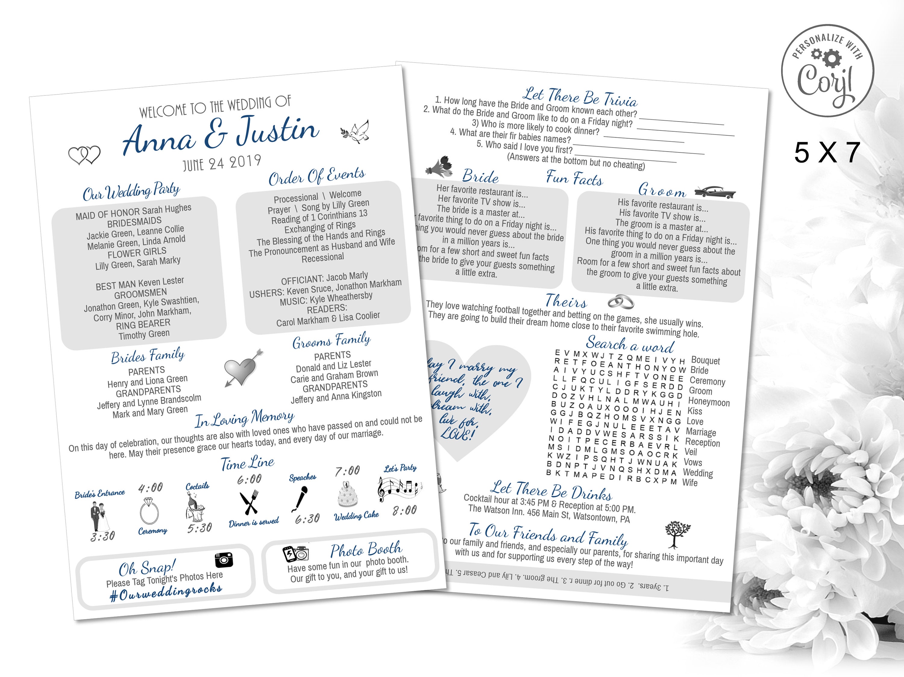 5x7 Fun Wedding Program or Fan Template Infographic Event - Etsy