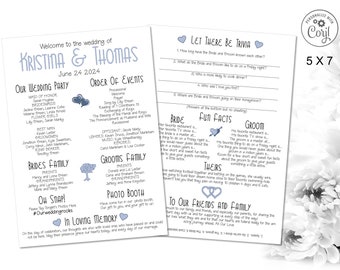 Wedding Program Template (Try DEMO) ANY Color, 5x7 fun Infographic event timeline, games, about us, unique printable Corjl shown in blue