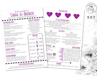 5x7 Wedding Program Template, Editable Infographic timeline, our story, games printable Corjl wedding Template program fan purple minimalist