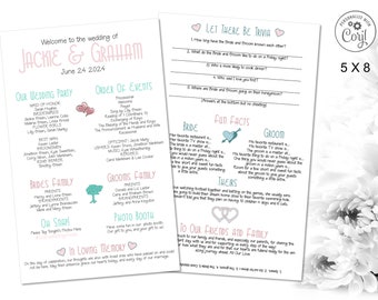 Wedding Program or fan Template (Try DEMO) 5x8 ANY Color, fun Infographic, games, about us, printable Corjl shown in peach pink green