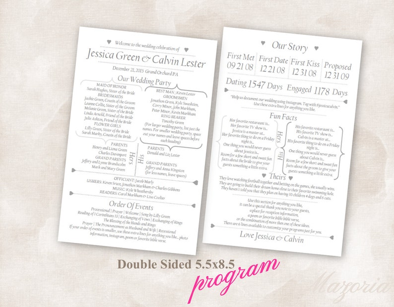 Wedding Program Double Sided Modern Fun Facts Our Story Grey Etsy