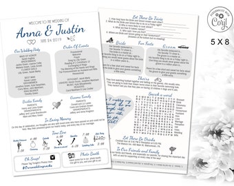Wedding Program Template (Try DEMO First) ANY Color, fun Infographic event timeline, games, about us, unique printable Corjl pdf, Jpg or png