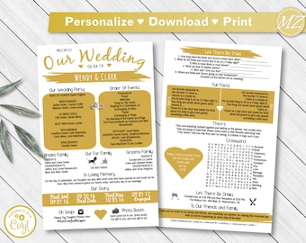 Wedding Program Template - 5x8 2 sides  - Infographic timeline Fun Games - Custom Instant Download Template  - shown gold Recolorable!