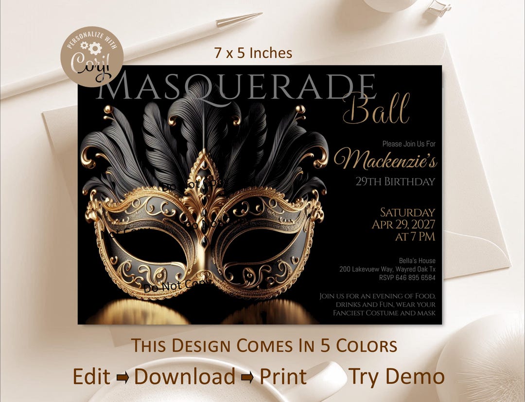 Masquerade Invitation, Birthday Mask Invite, Graduation, Halloween ...