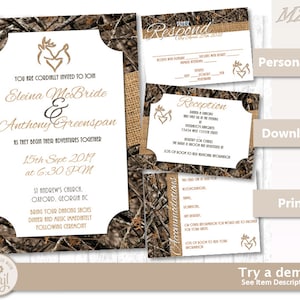 CAMO Burlap editable Wedding template Invite Set - invitation, rsvp, accommodations, directions - Custom Instant Download Printable Template
