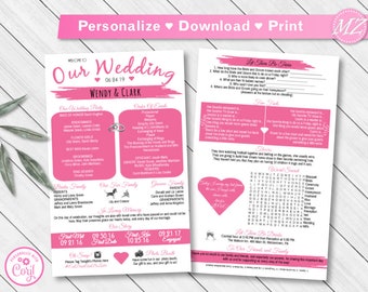 Infographic Wedding Program Template, 5x8 2sides  - fun wedding programs - Custom Unique DIY Instant Download wedding Template Recolorable!