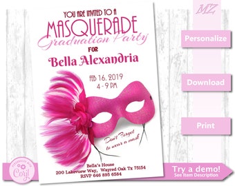 Masquerade Invitation Mask Invite Birthday Graduation Halloween Murder Party Bachelorette Social Gala Corjl Printable Editable Template