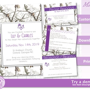 Customizable & Recolorable winter CAMO Wedding Invite Set - Purple Camo Invitations - Custom Instant Download printable wedding Template