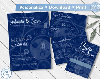 Editable Doctor Who Wedding Invitation Tardis blue Invite, set of 4 Printable Instant Download Template, Dr Who wedding invites