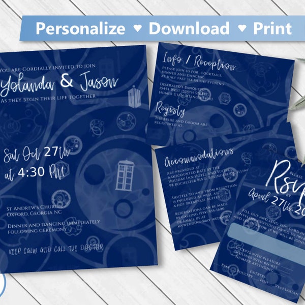 Editable Doctor Who Wedding Invitation Tardis blue Invite, set of 4 Printable Instant Download Template, Dr Who wedding invites