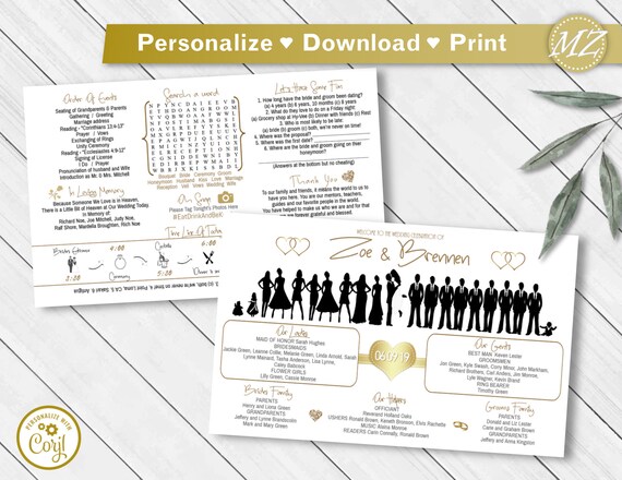 Gold Fun Silhouette Infographic Wedding Program Template Edit Etsy