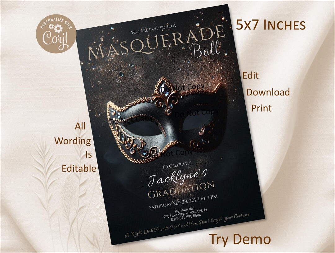 Masquerade Invitation, Birthday Party Mask Invite, Graduation Ball ...