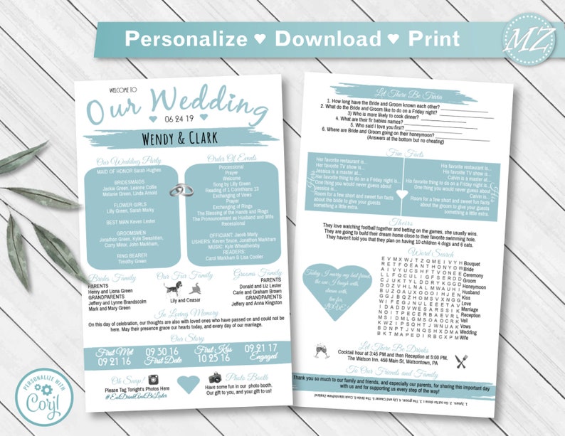 Customizable Wedding Program Template 5x8 2sides Etsy