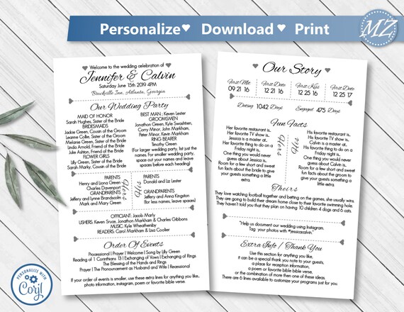 Customizable Wedding Program Template Recolorable Fun Facts Etsy